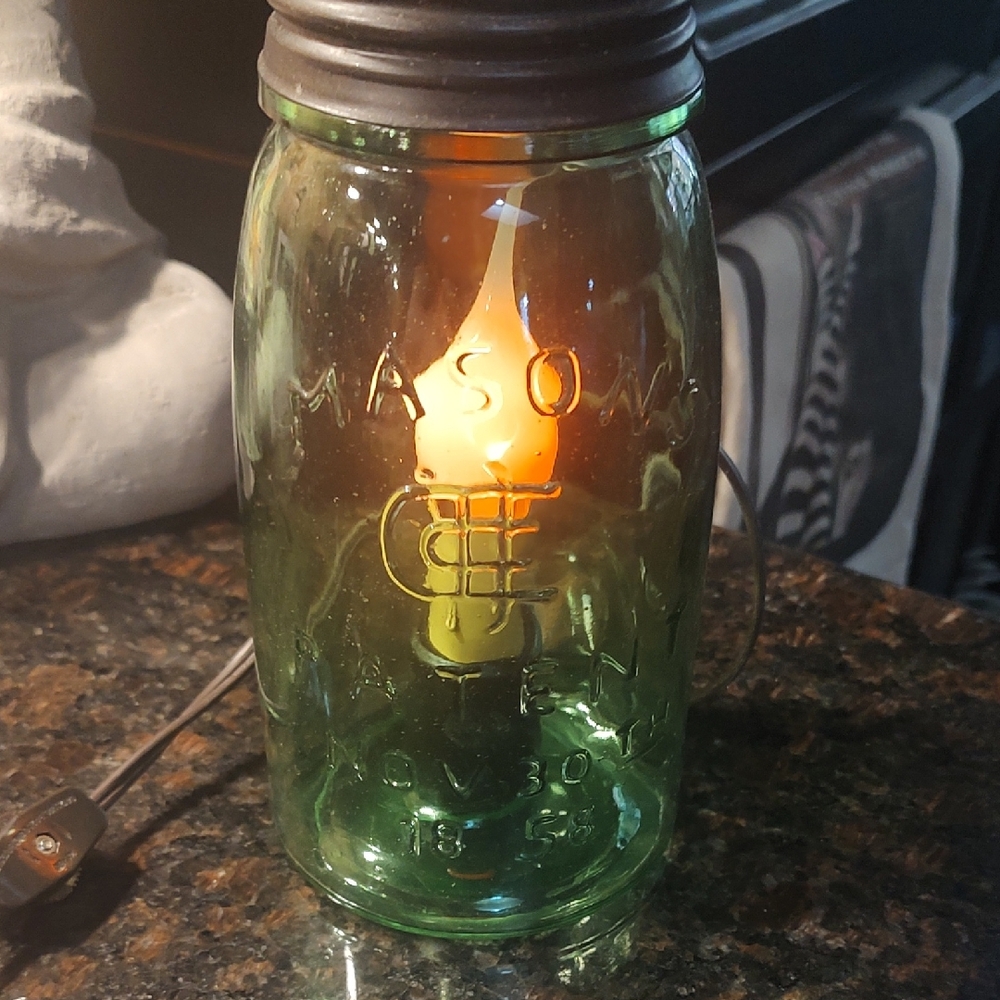 Vintage Mason Jar Lamp with Green Glass